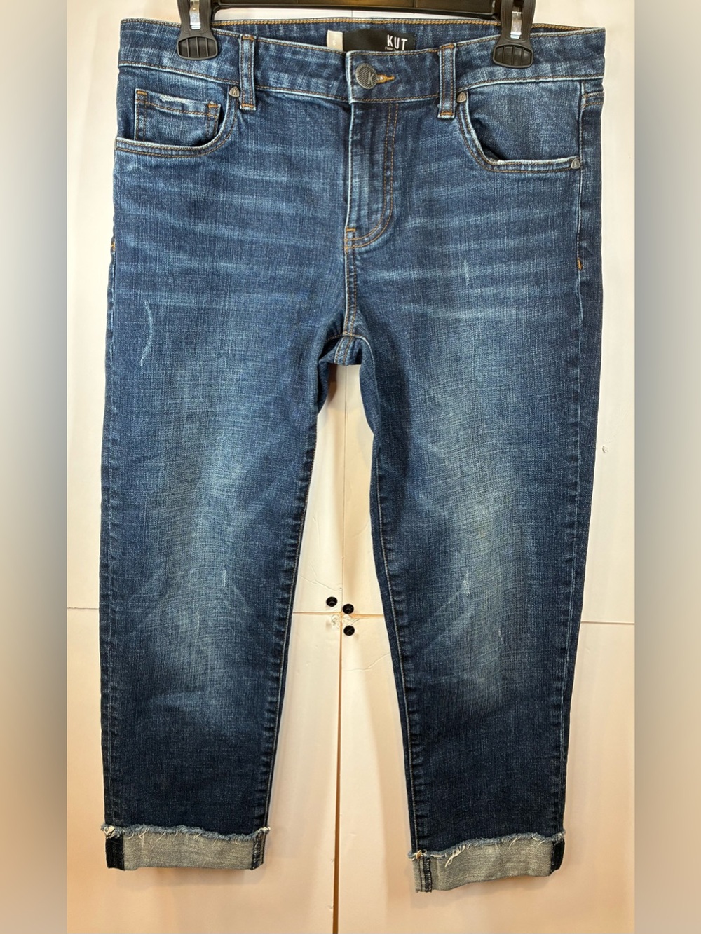 KUT From The Kloth Amy Crop Straight Leg Jeans Size 6 Raw Hem Cuffed Denim